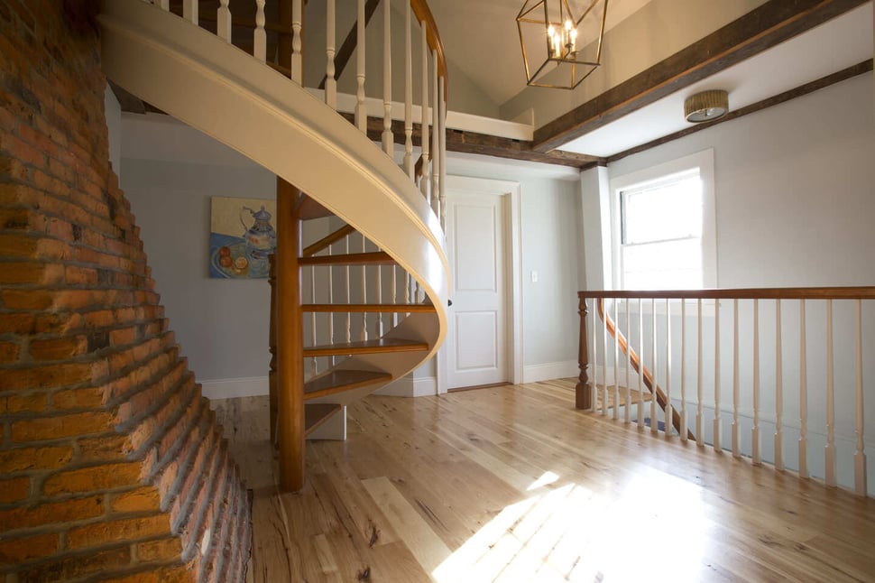 Attic Remodel in NH Seacoast, spiral staircase 