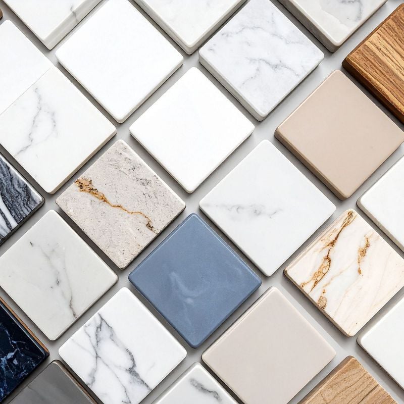 Assorted tile samples with marble, wood and solid finishes selected by Oxland Builders