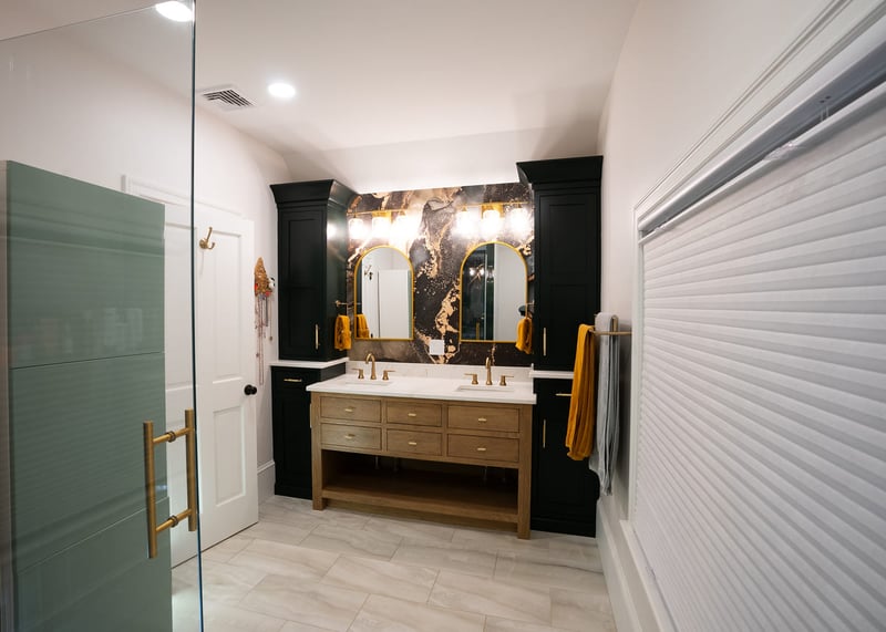 Double natural wood vanity in Portsmouth, NH bathroom remodel
