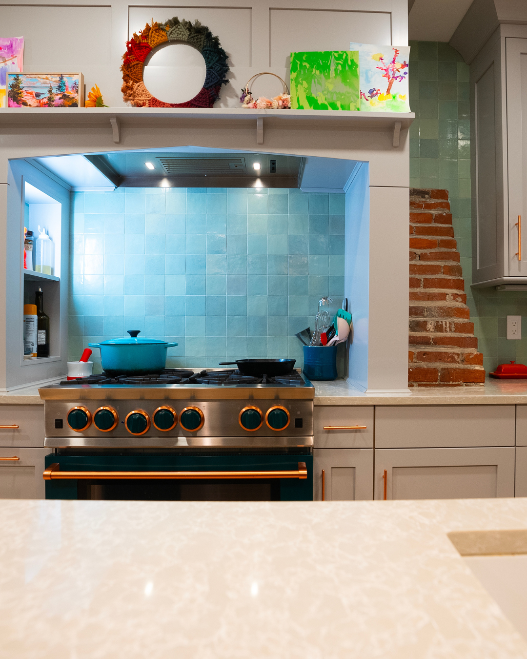 Green tile backsplash behind stove in Portsmouth, NH whole home remodel. Green tile backsplash behind stove in Portsmouth, NH whole home remodel.