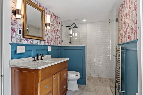 New Hampshire bathroom remodel with walk-in shower and wallpaper