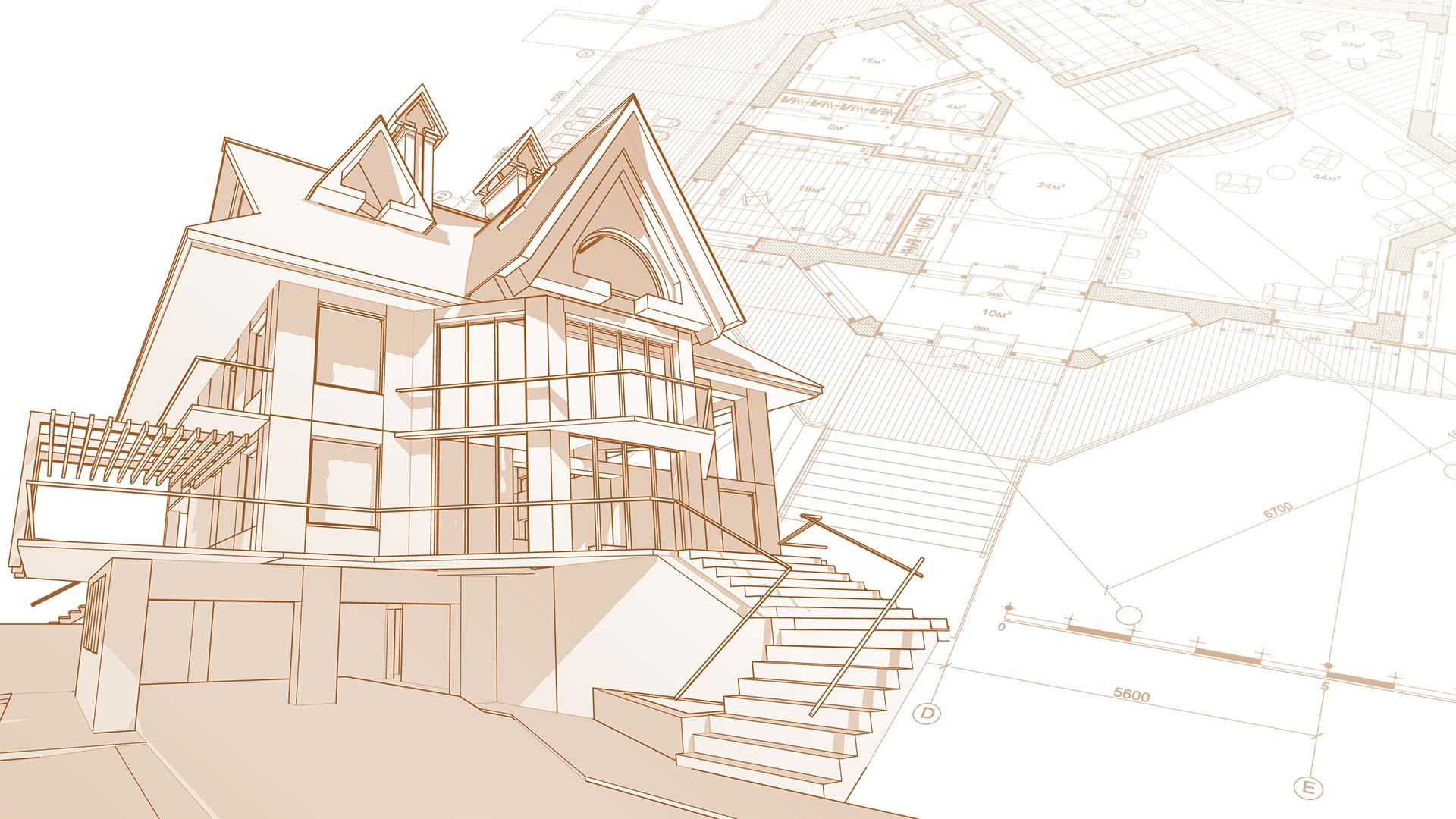 Architectural rendering of a coastal-style home with blueprints in Coastal New Hampshire