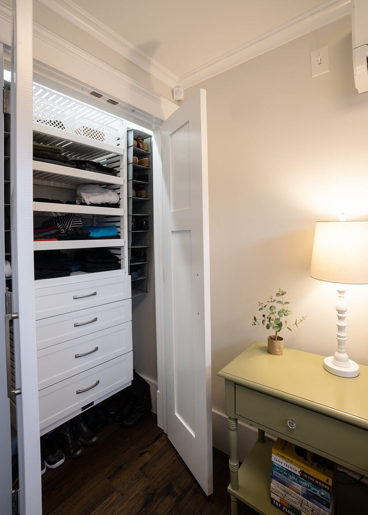 Open closet with custom shelving and storage drawers in a New Hampshire remodel by Oxland Builders Open closet with custom shelving and storage drawers in a New Hampshire remodel by Oxland Builders