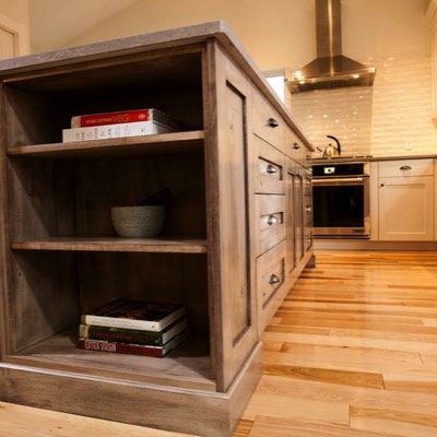 Low angle view of open-shelving cabinets